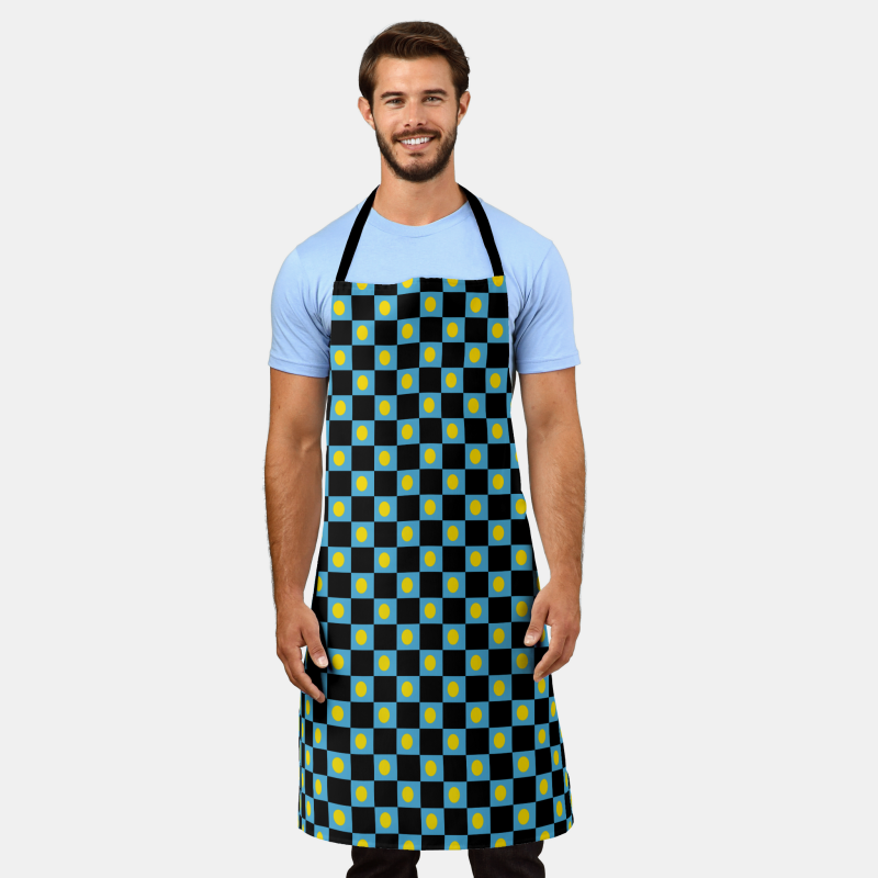 Full-length cooking apron printed with the Palau flag in a checkered layout.
