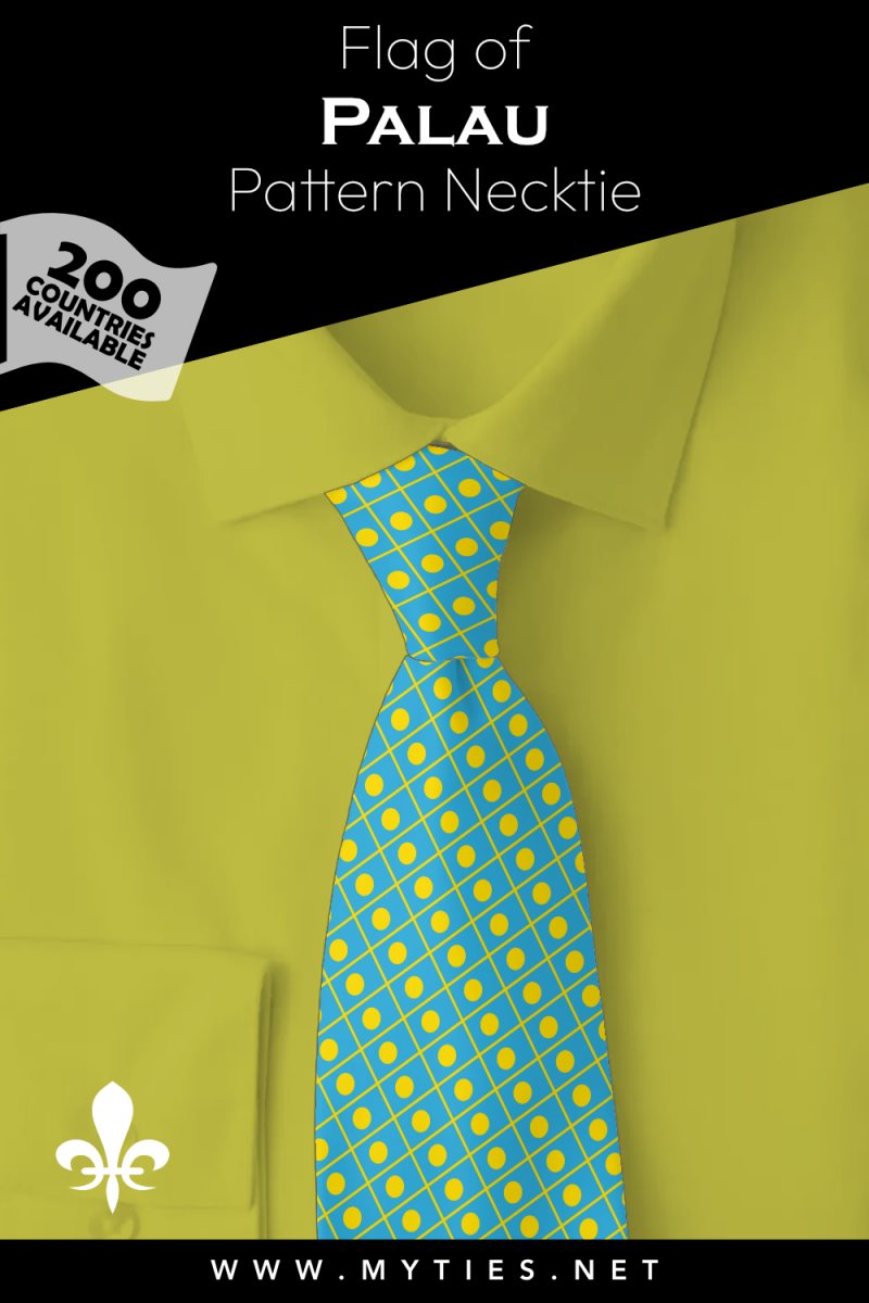 Pinterest Pin image: Flag of Palau patterned necktie, illustration of Palau flag necktie on folded yellow shirt