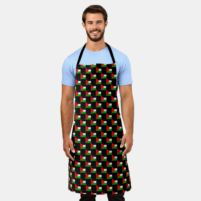 Palestine flag apron with checkered flag motif, ideal for grilling or kitchen use.