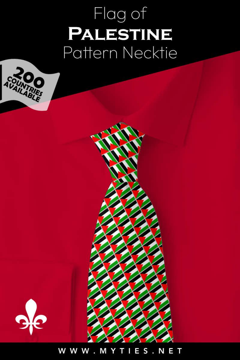 Pinterest Pin image: Flag of Palestine patterned necktie, illustration of Palestine flag necktie on folded red shirt