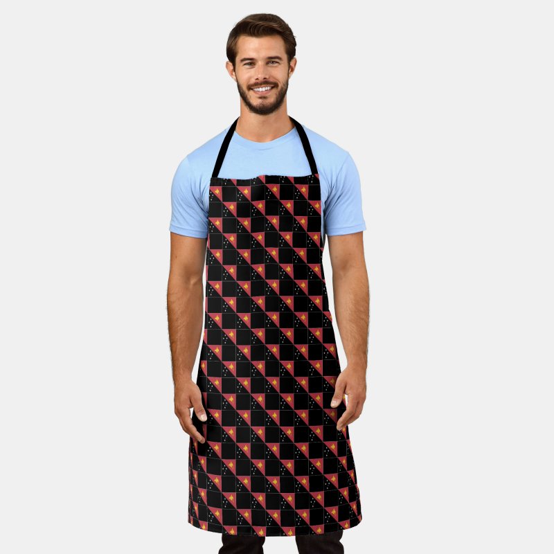 Stylish apron decorated with a checkered Papua New Guinea flag pattern, designed for home chefs and BBQ fans.