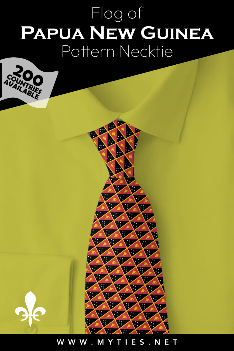 Pinterest Pin image: Flag of Papua New Guinea patterned necktie, illustration of Papua New Guinea flag necktie on folded yellow shirt