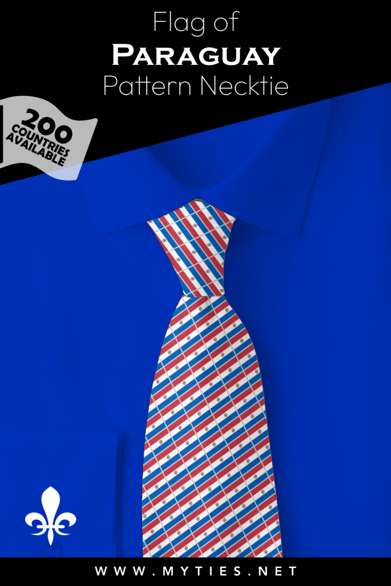 Pinterest Pin image: Flag of Paraguay patterned necktie, illustration of Paraguay flag necktie on folded blue shirt