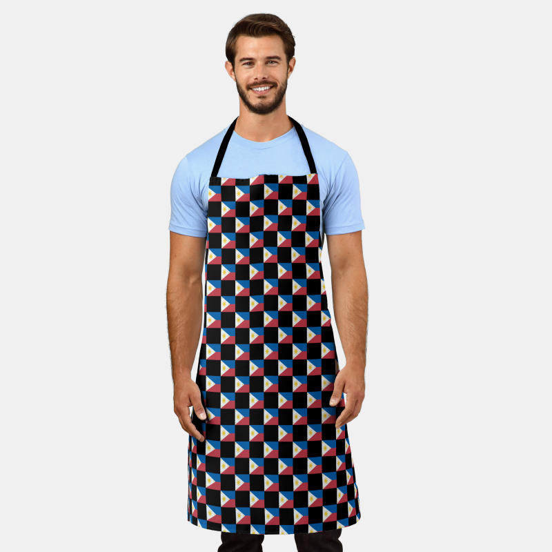 Full-length cooking apron printed with the Philippines flag in a checkered layout.