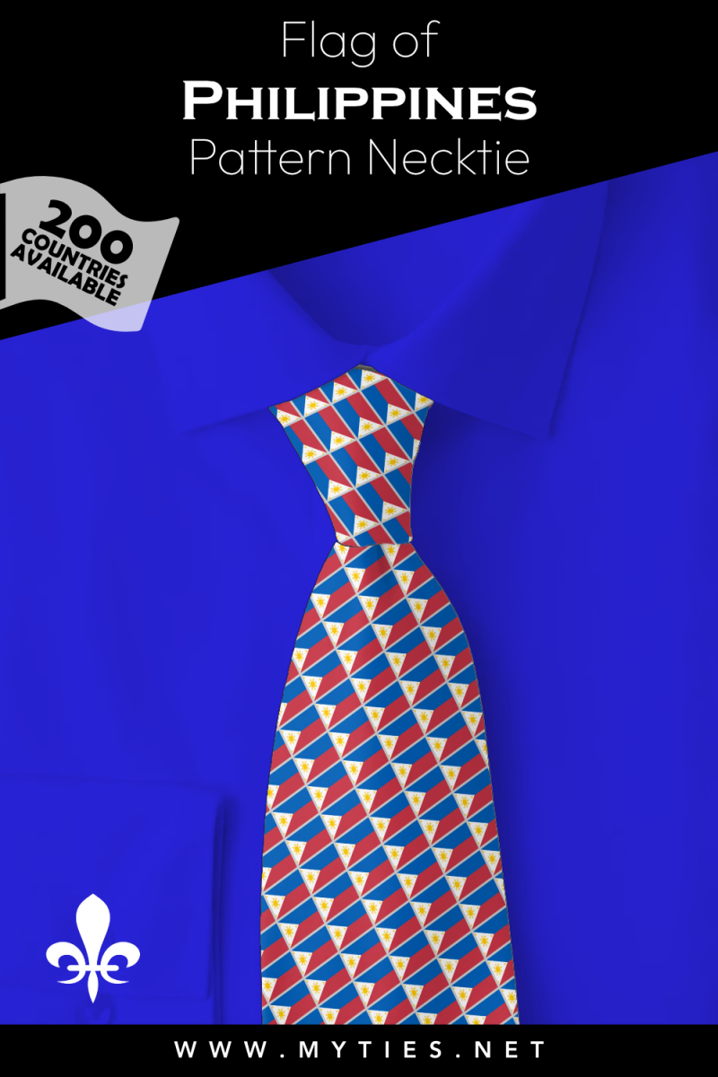 Pinterest Pin image: Flag of Philippines patterned necktie, illustration of Philippines flag necktie on folded blue shirt