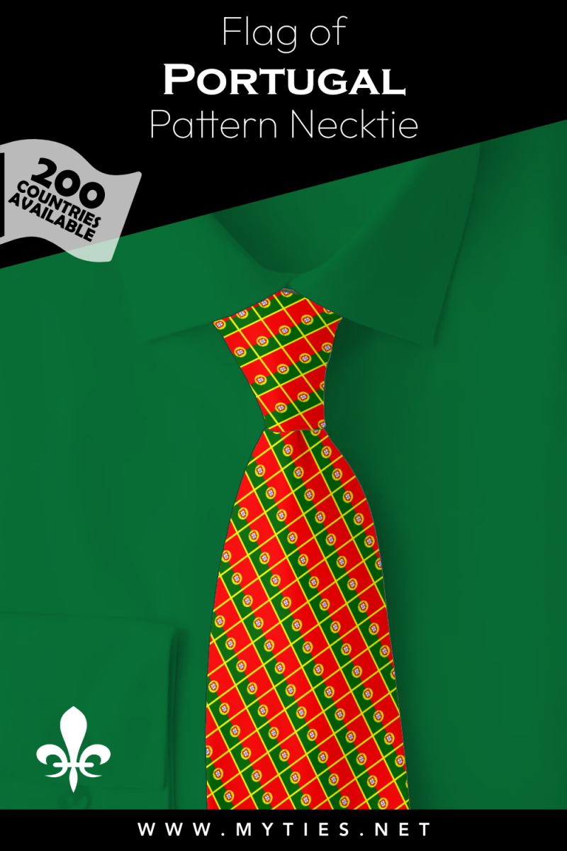 Pinterest Pin image: Flag of Portugal patterned necktie, illustration of Portugal flag necktie on folded green shirt