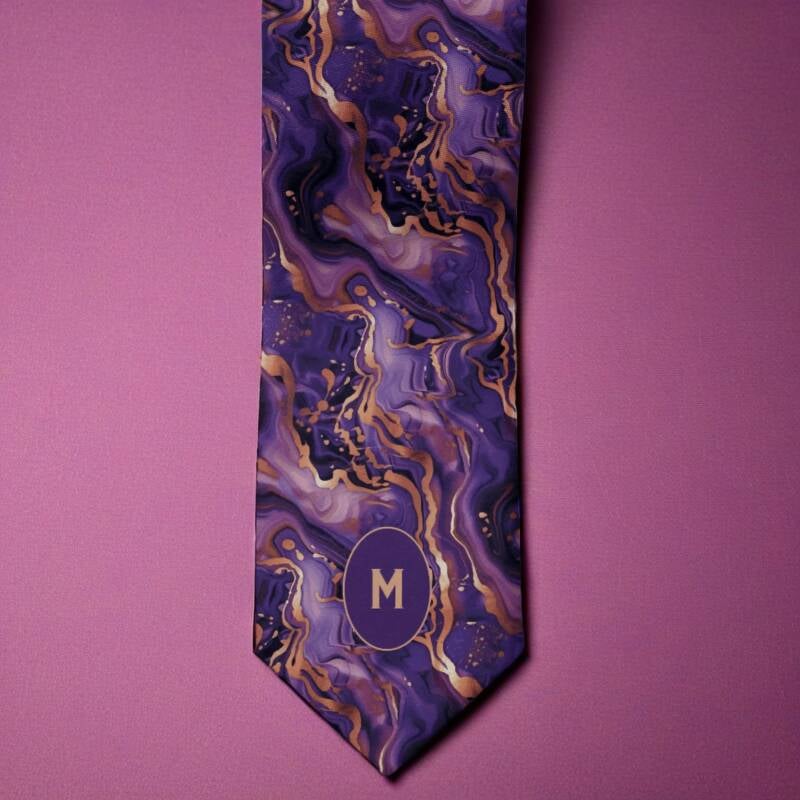 Purple marbled abstract necktie personalized with a monogram.
