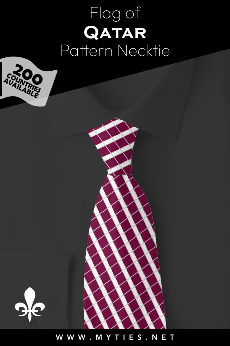 Pinterest Pin image: Flag of Qatar patterned necktie, illustration of Qatar flag necktie on folded black shirt