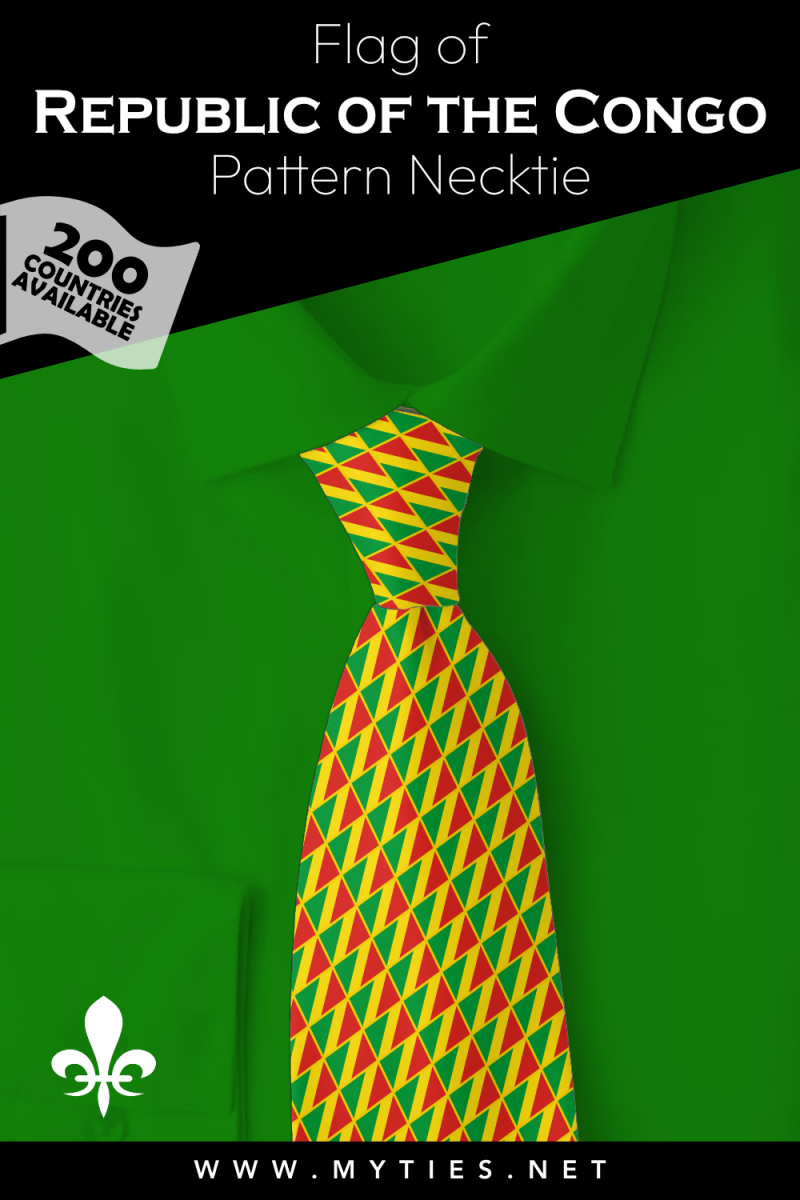 Pinterest Pin image: Flag of Republic of the Congo patterned necktie, illustration of Republic of the Congo flag necktie on folded green shirt