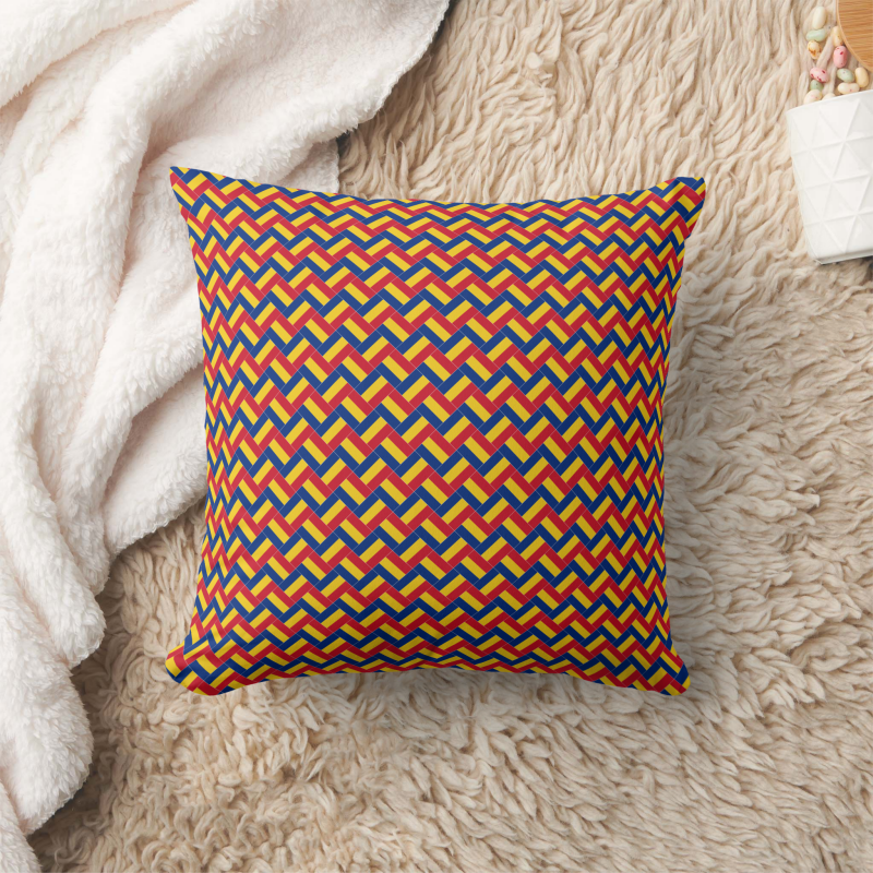 Square pillow printed with a stylized Romania flag in a bold, modern design.
