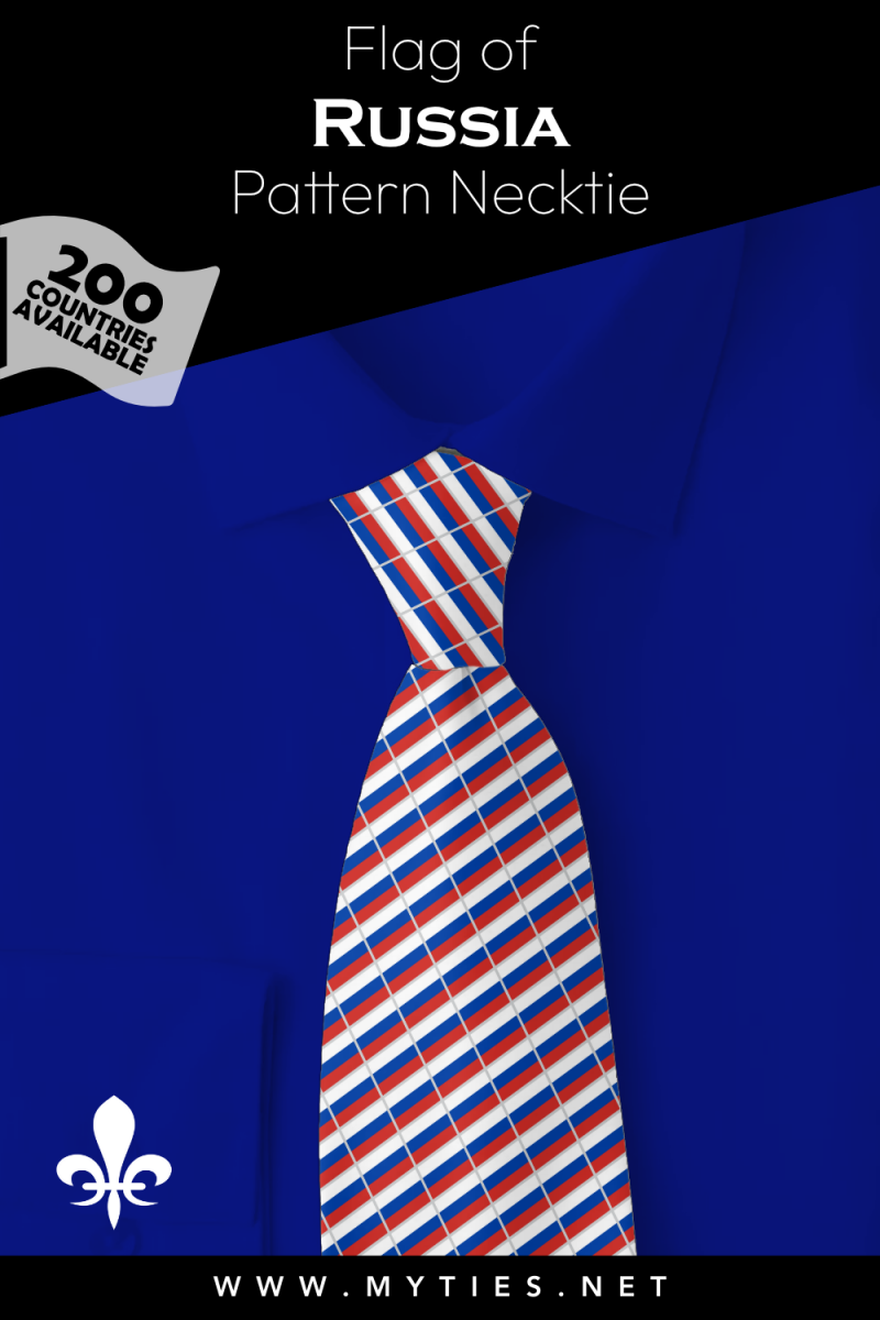 Pinterest Pin image: Flag of Russia patterned necktie, illustration of Russia flag necktie on folded blue shirt
