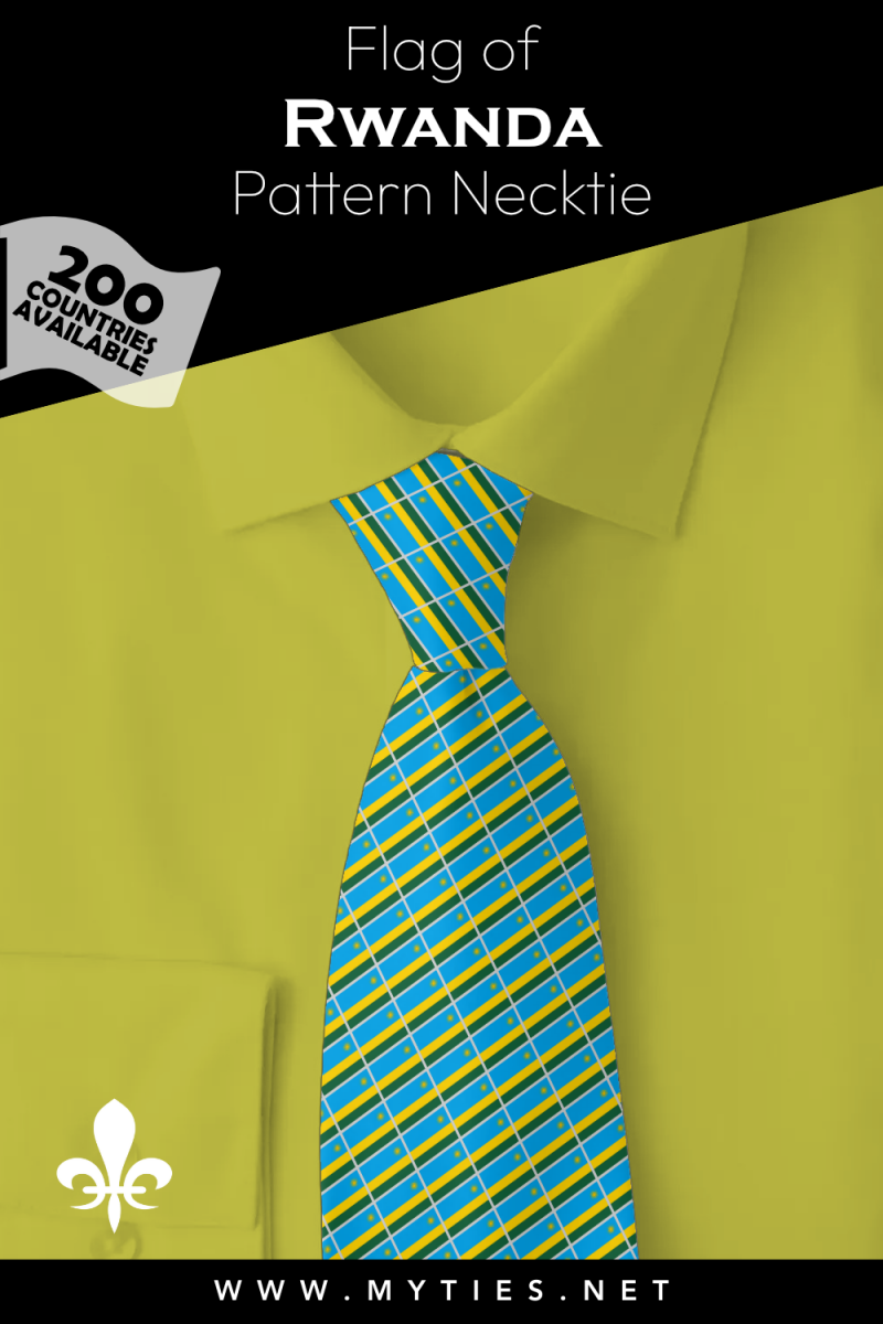 Pinterest Pin image: Flag of Rwanda patterned necktie, illustration of Rwanda flag necktie on folded yellow shirt