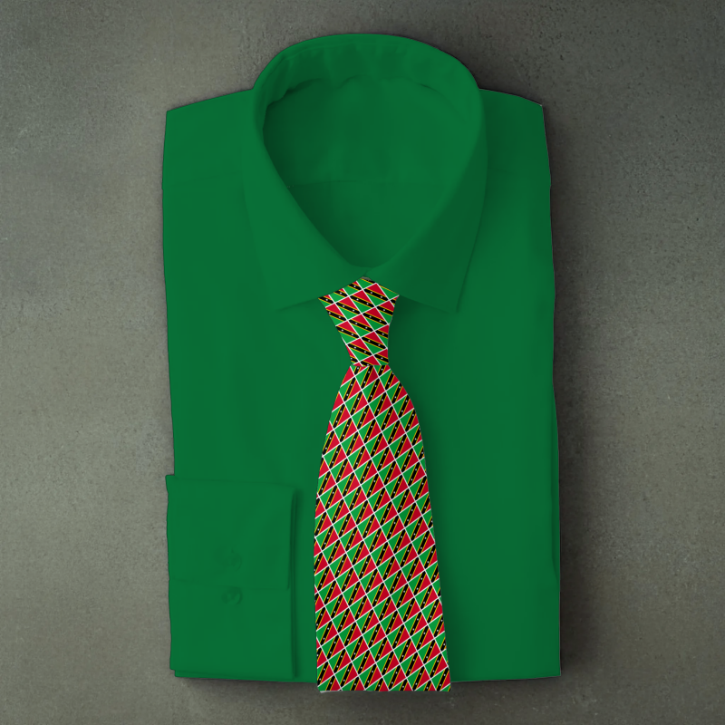 Saint Kitts and Nevis flag necktie on green folded shirt