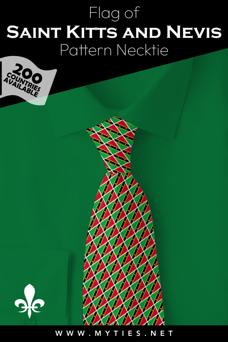 Pinterest Pin image: Flag of Saint Kitts and Nevis patterned necktie, illustration of Saint Kitts and Nevis flag necktie on folded green shirt