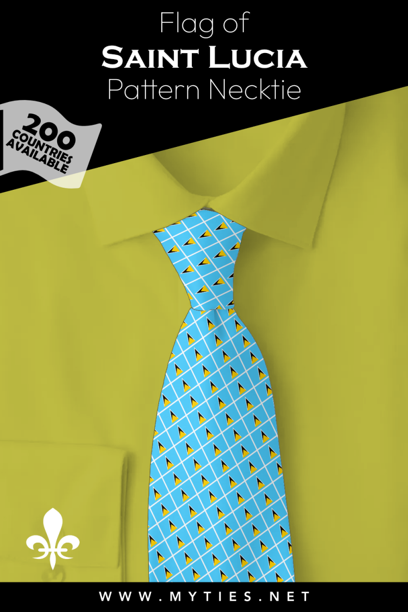 Pinterest Pin image: Flag of Saint Lucia patterned necktie, illustration of Saint Lucia flag necktie on folded yellow shirt
