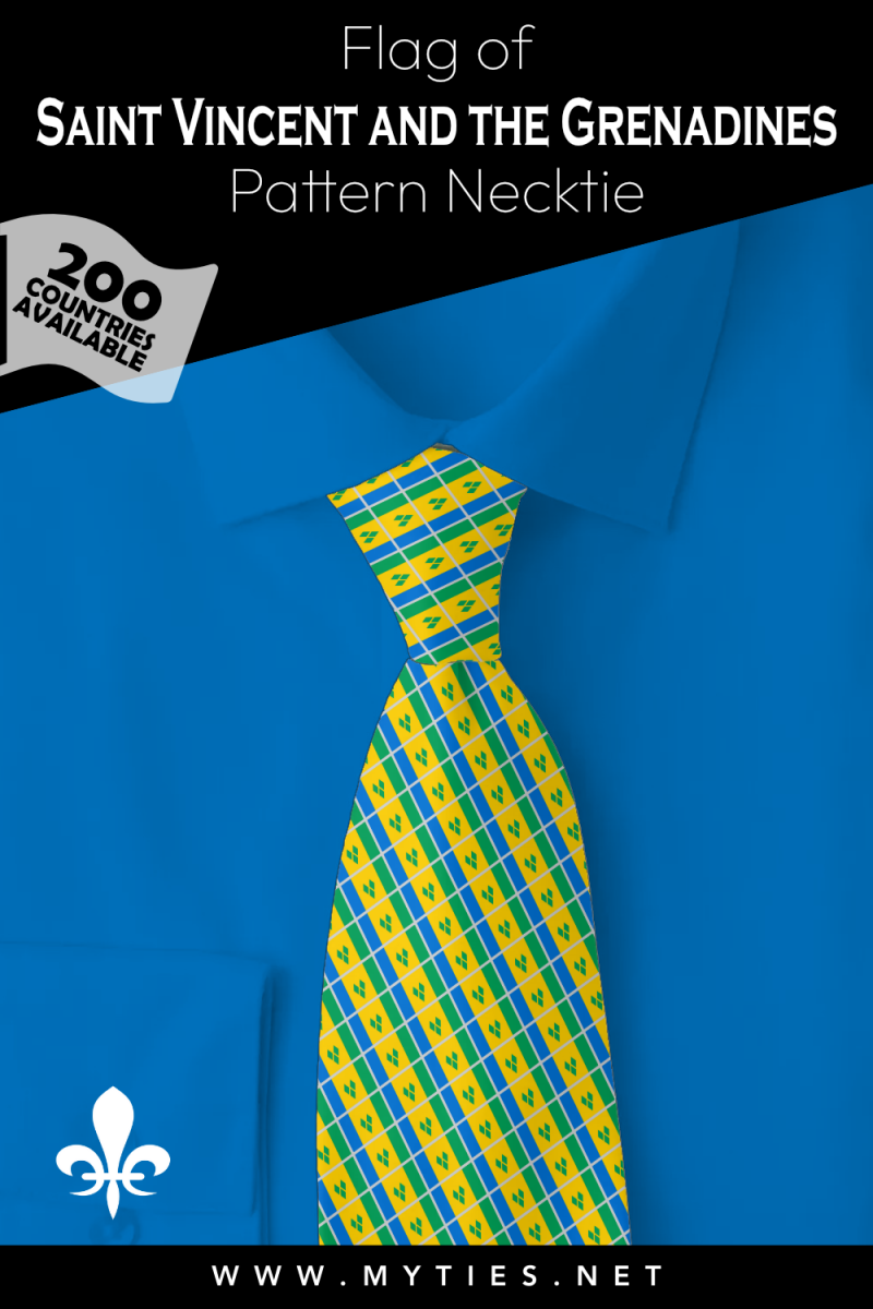 Pinterest Pin image: Flag of Saint Vincent and the Grenadines patterned necktie, illustration of Saint Vincent and the Grenadines flag necktie on folded blue shirt