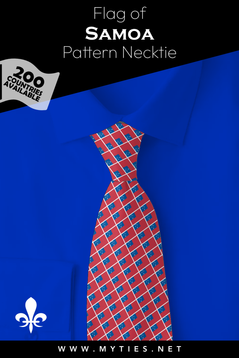 Pinterest Pin image: Flag of Samoa patterned necktie, illustration of Samoa flag necktie on folded blue shirt