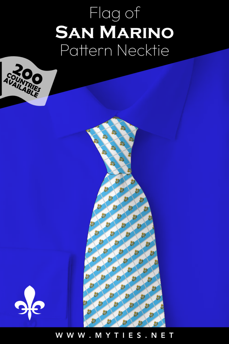 Pinterest Pin image: Flag of San Marino patterned necktie, illustration of San Marino flag necktie on folded blue shirt