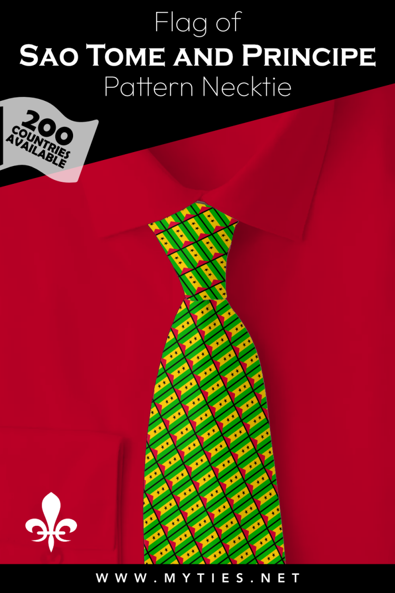 Pinterest Pin image: Flag of Sao Tome and Principe patterned necktie, illustration of Sao Tome and Principe flag necktie on folded red shirt