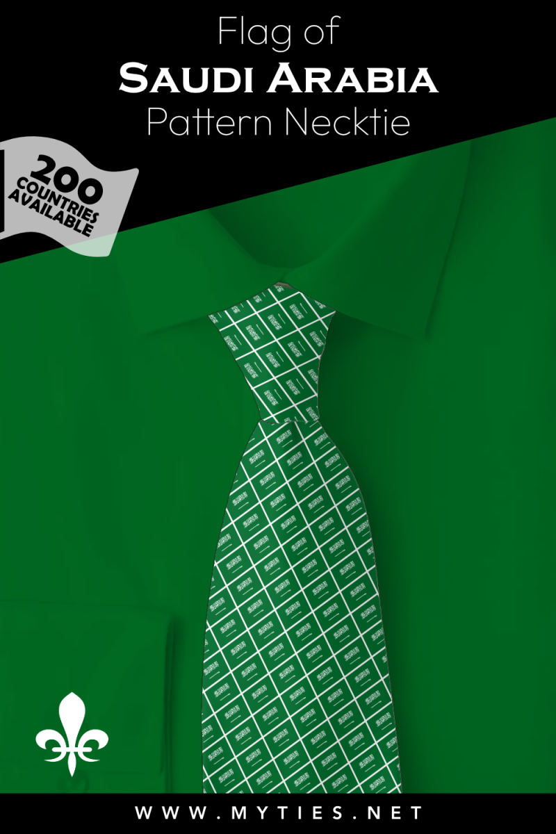 Pinterest Pin image: Flag of Saudi Arabia patterned necktie, illustration of Saudi Arabia flag necktie on folded green shirt