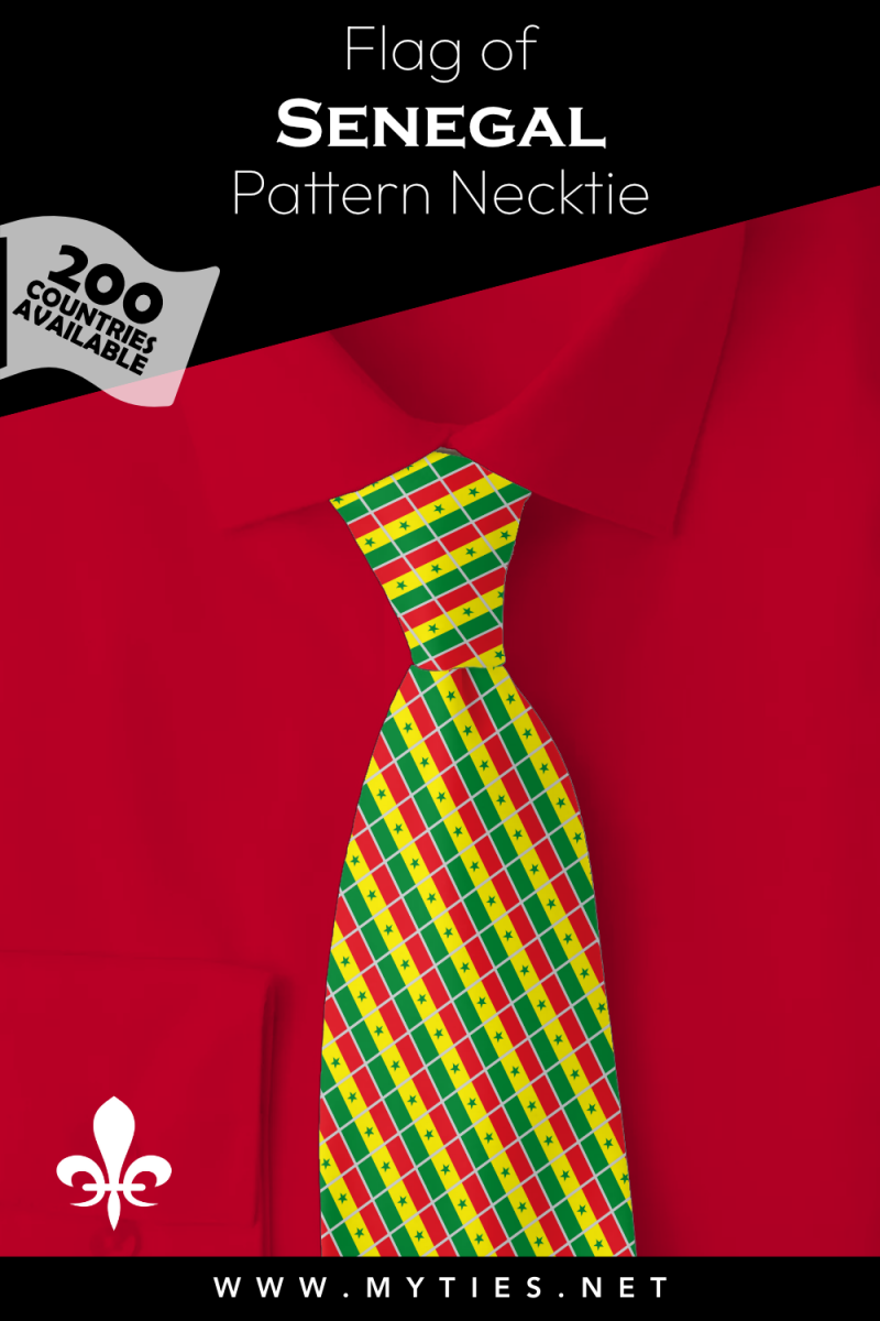 Pinterest Pin image: Flag of Senegal patterned necktie, illustration of Senegal flag necktie on folded red shirt