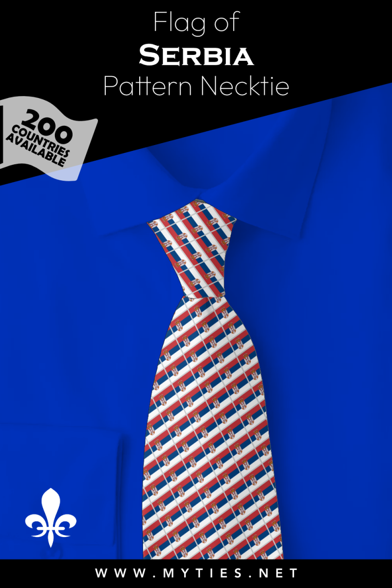 Pinterest Pin image: Flag of Serbia patterned necktie, illustration of Serbia flag necktie on folded blue shirt