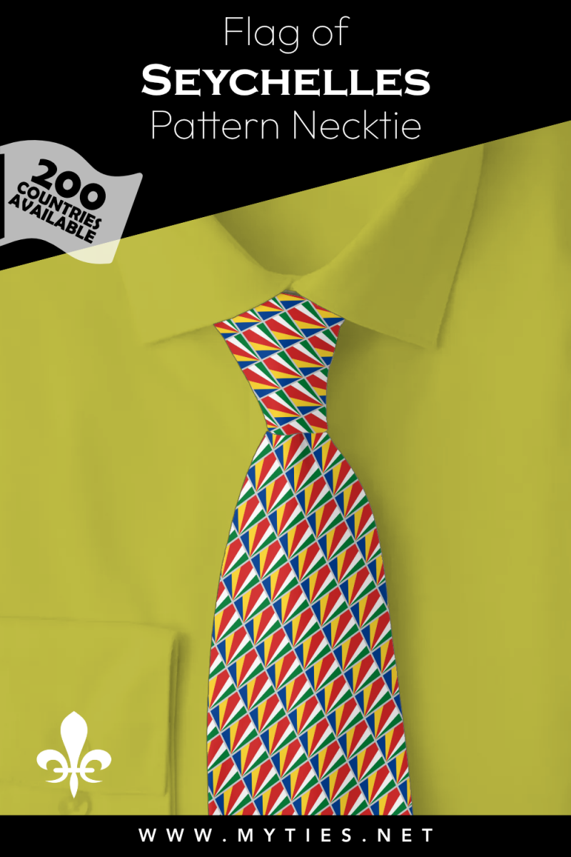 Pinterest Pin image: Flag of Seychelles patterned necktie, illustration of Seychelles flag necktie on folded yellow shirt