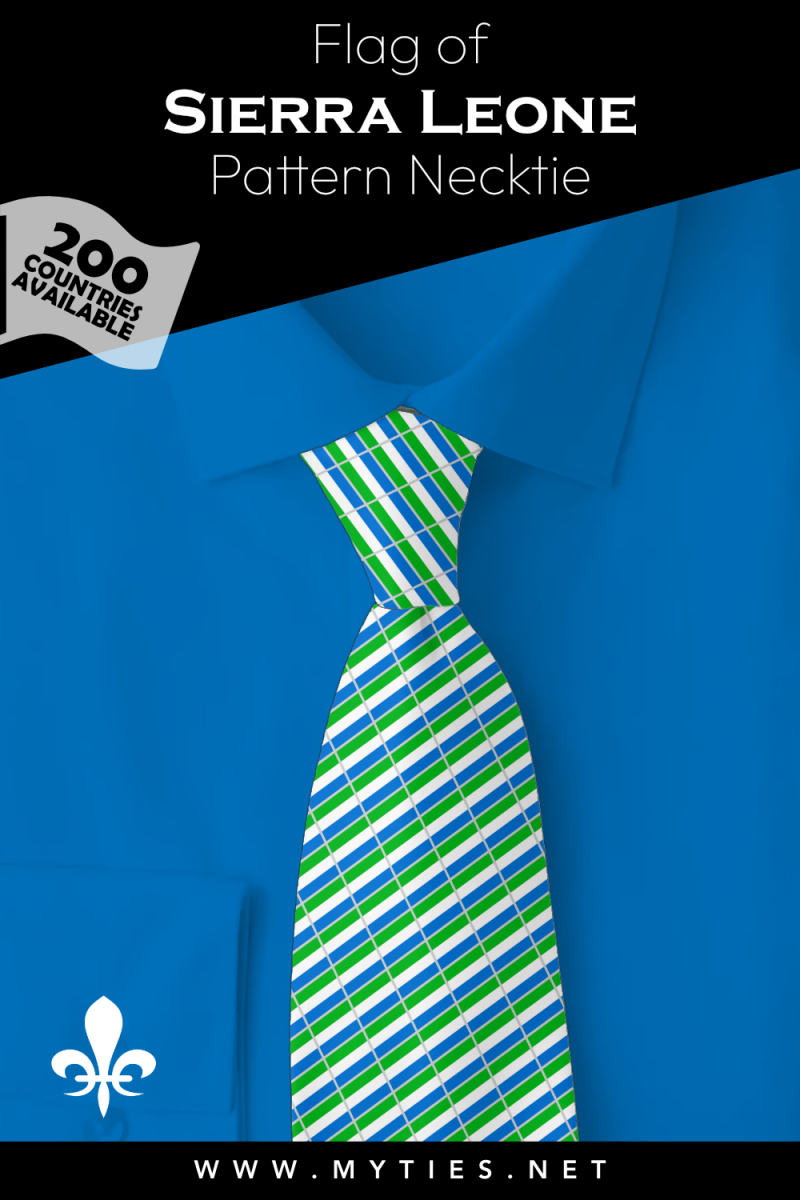 Pinterest Pin image: Flag of Sierra Leone patterned necktie, illustration of Sierra Leone flag necktie on folded blue shirt