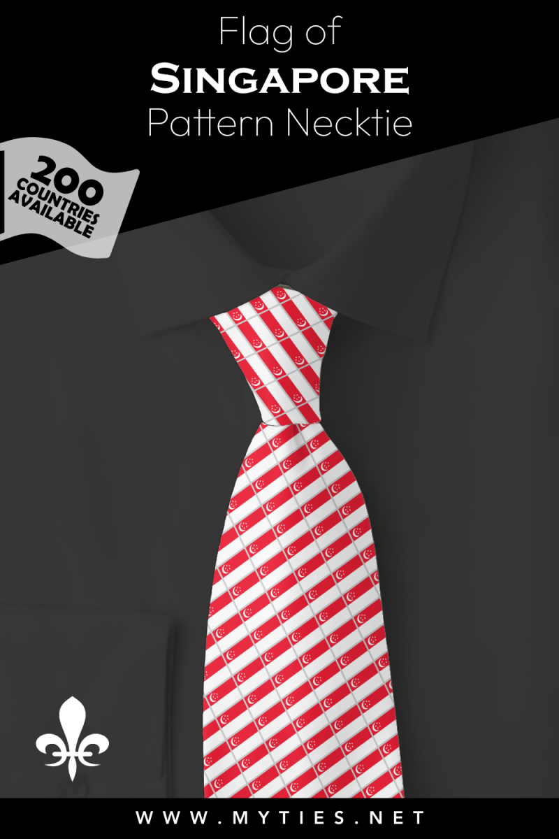 Pinterest Pin image: Flag of Singapore patterned necktie, illustration of Singapore flag necktie on folded black shirt