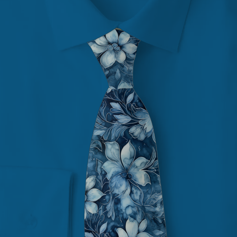 slate blue floral necktie on a folded blue shirt