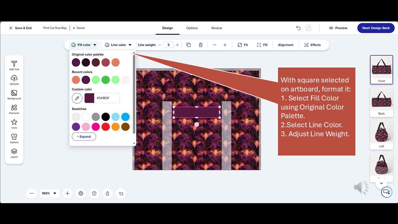 Screenshot of Zazzle design tool for Step 24: Right-click in the empty left layer, and choose PASTE to place the pattern onto the side of the duffel bag.