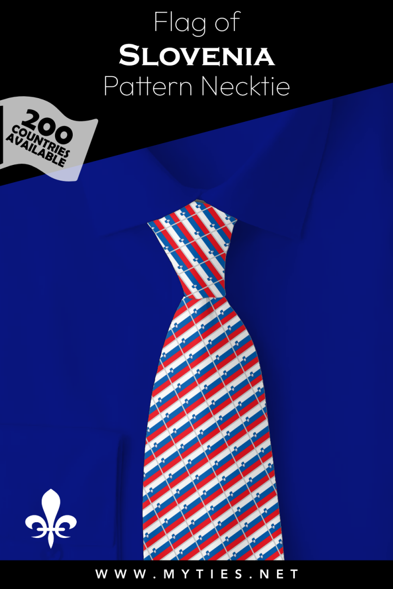 Pinterest Pin image: Flag of Slovenia patterned necktie, illustration of Slovenia flag necktie on folded blue shirt