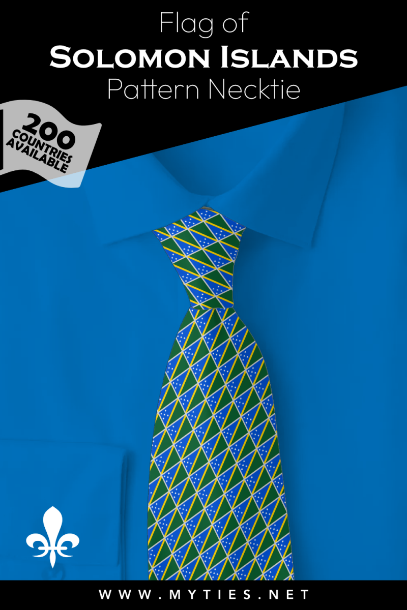 Pinterest Pin image: Flag of Solomon Islands patterned necktie, illustration of Solomon Islands flag necktie on folded blue shirt