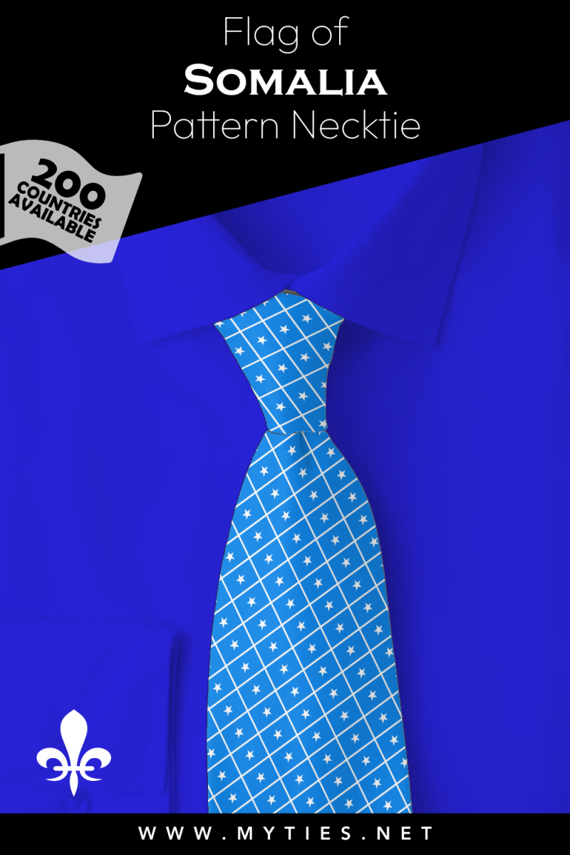Pinterest Pin image: Flag of Somalia patterned necktie, illustration of Somalia flag necktie on folded blue shirt