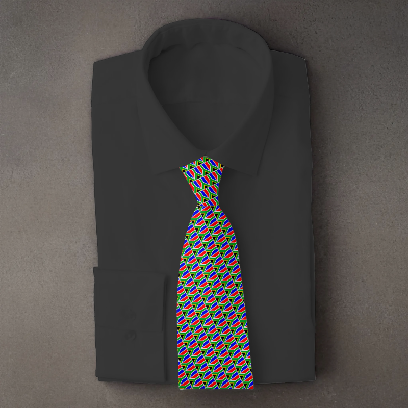 South Africa flag necktie on black folded shirt