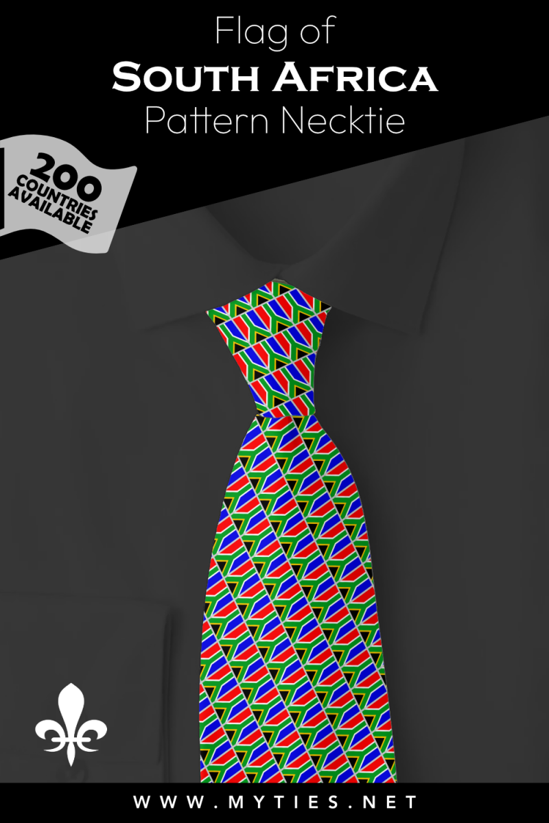 Pinterest Pin image: Flag of South Africa patterned necktie, illustration of South Africa flag necktie on folded black shirt