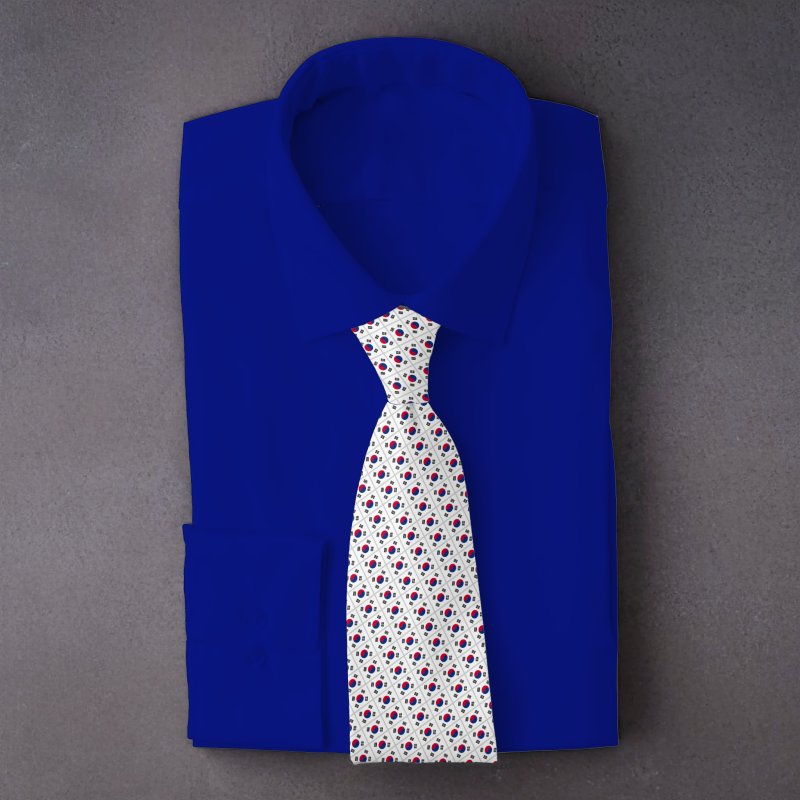 South Korea flag necktie on blue folded shirt