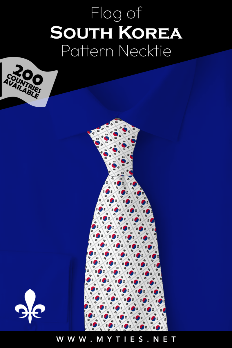 Pinterest Pin image: Flag of South Korea patterned necktie, illustration of South Korea flag necktie on folded blue shirt