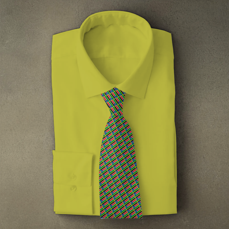 South Sudan flag necktie on yellow folded shirt