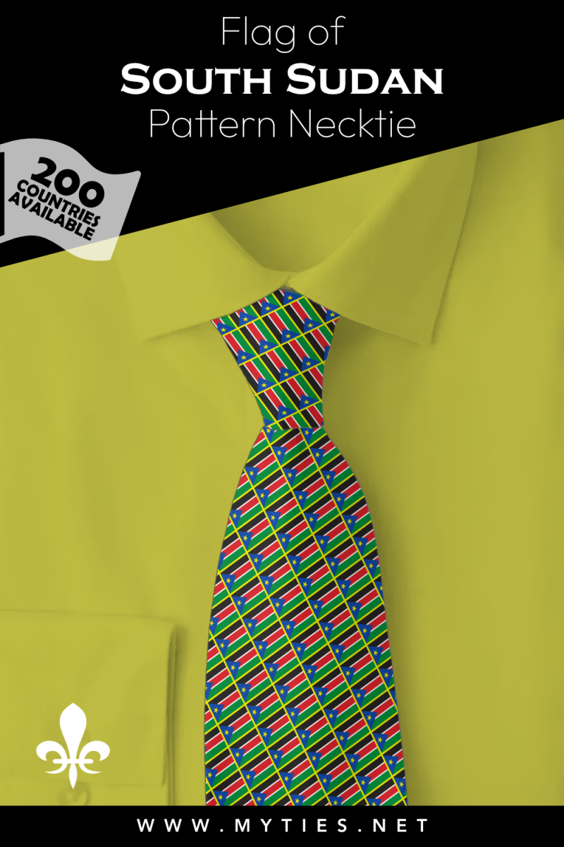 Pinterest Pin image: Flag of South Sudan patterned necktie, illustration of South Sudan flag necktie on folded yellow shirt