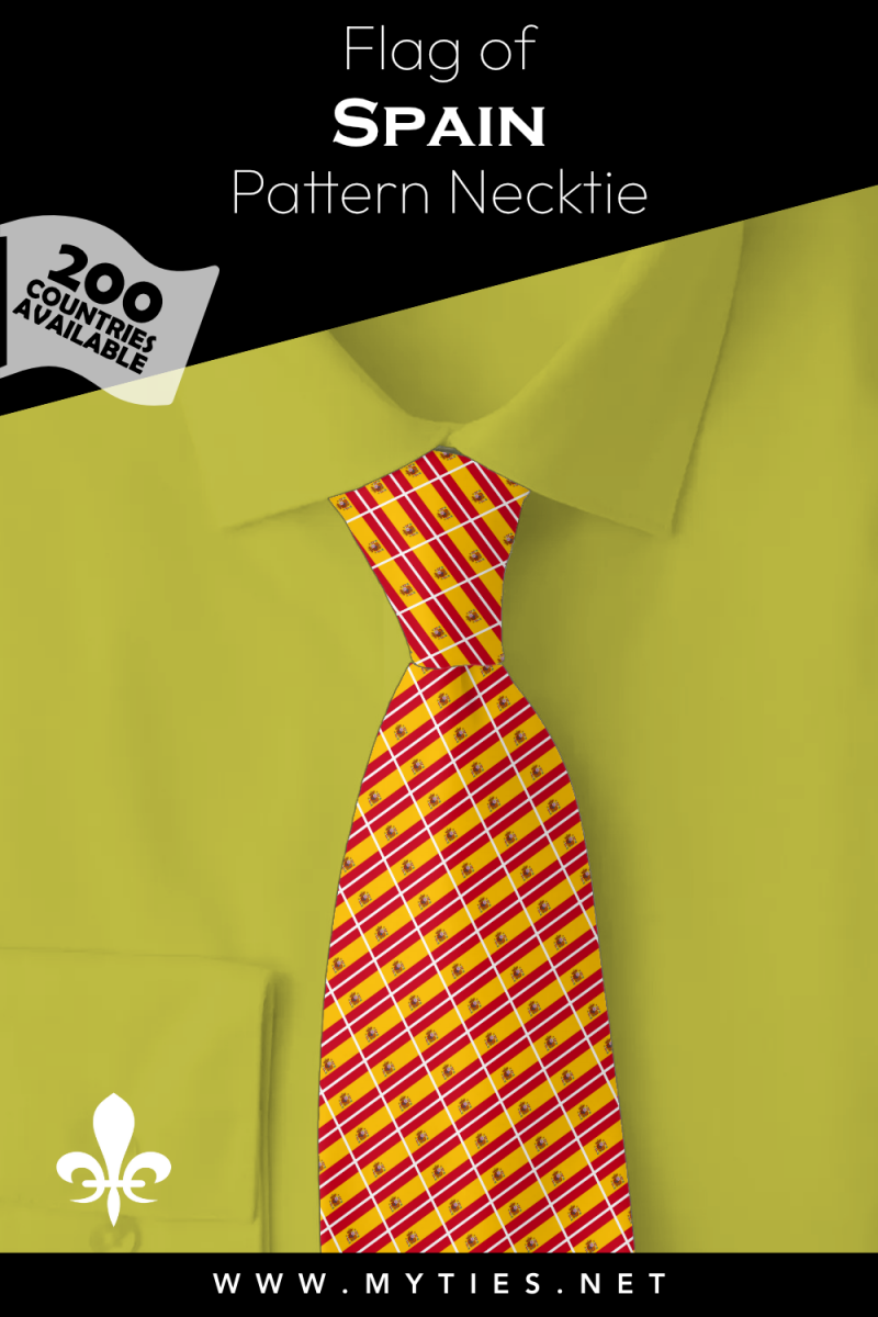 Pinterest Pin image: Flag of Spain patterned necktie, illustration of Spain flag necktie on folded yellow shirt