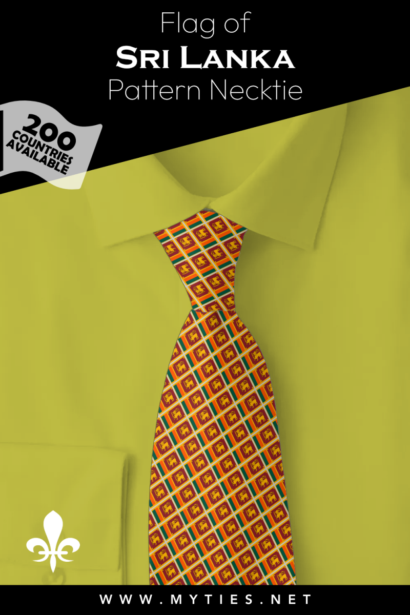 Pinterest Pin image: Flag of Sri Lanka patterned necktie, illustration of Sri Lanka flag necktie on folded yellow shirt