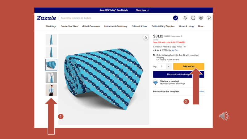 Screenshot for step 7 showing: Preview your custom flag pattern necktie. Click 'Add to Cart' 