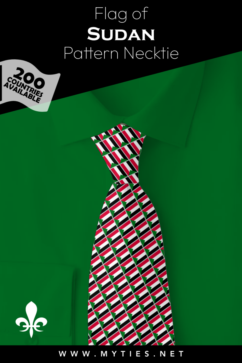 Pinterest Pin image: Flag of Sudan patterned necktie, illustration of Sudan flag necktie on folded green shirt