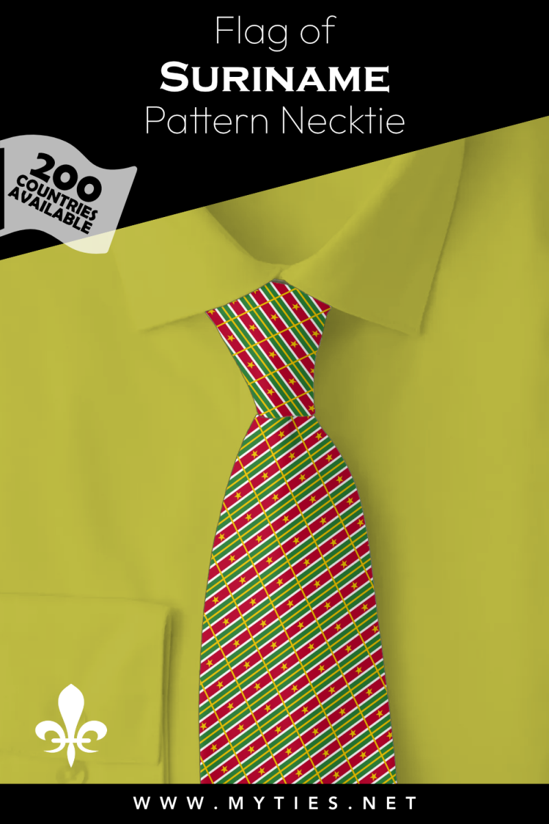 Pinterest Pin image: Flag of Suriname patterned necktie, illustration of Suriname flag necktie on folded yellow shirt