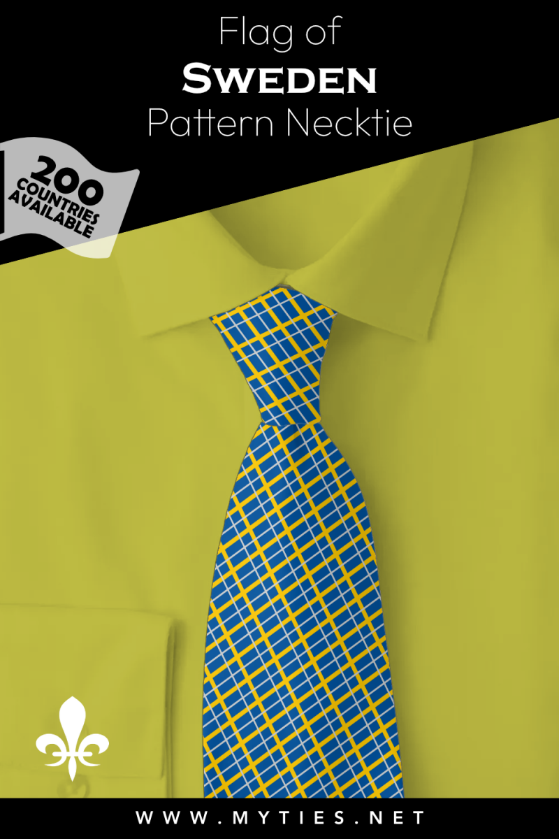 Pinterest Pin image: Flag of Sweden patterned necktie, illustration of Sweden flag necktie on folded yellow shirt