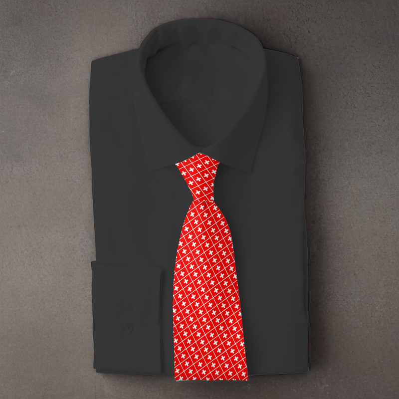 Switzerland flag necktie on black folded shirt