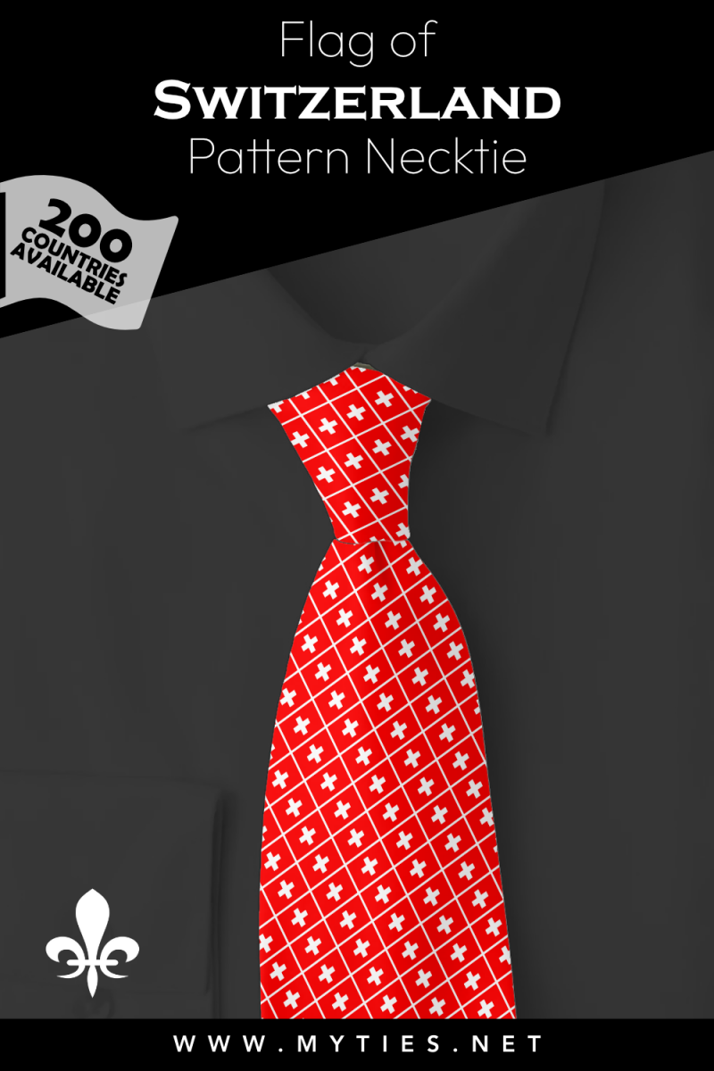 Pinterest Pin image: Flag of Switzerland patterned necktie, illustration of Switzerland flag necktie on folded black shirt