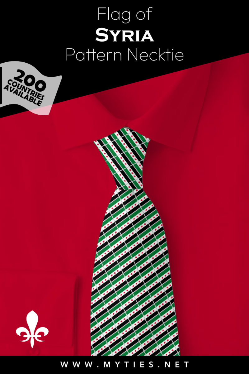 Pinterest Pin image: Flag of Syria patterned necktie, illustration of Syria flag necktie on folded red shirt