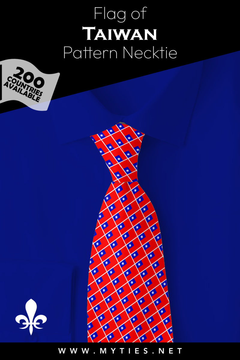 Pinterest Pin image: Flag of Taiwan patterned necktie, illustration of Taiwan flag necktie on folded blue shirt